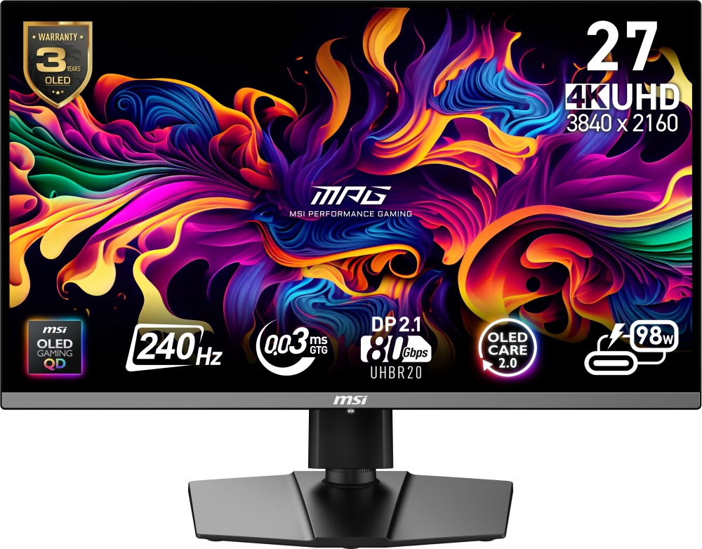 Монитор MSI MPG 272URX QD-OLED Gaming Monitor, 26.5", 0.03ms, 240Hz, 3840x2160, G-SYNC, AMD FreeSync Premium Pro, ClearMR 13000, HDR True Black 400, Type-C(98W PD), DP(2.1a), 2xHDMI(2.1), USB Hub, Black - 9S6-3CD79A-054
