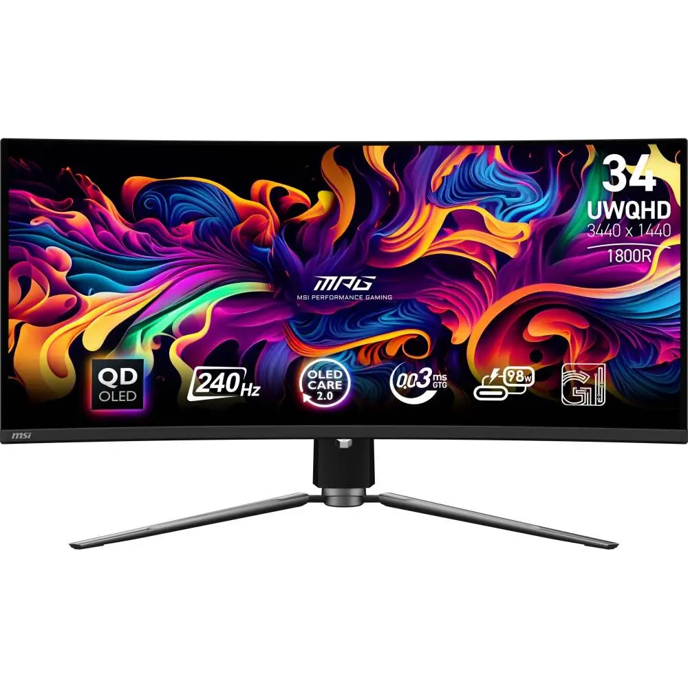 Монитор MSI MPG 341CQPX QD-OLED Gaming Monitor, 34", 0.03ms, 240Hz Curve 1800R, 3440x1440, G-SYNC, KVM, HDR True Black 400, Type-C(98W PD), DP(1.4a), 2xHDMI(2.1), USB Hub, Black - 9S6-3DD04T-035