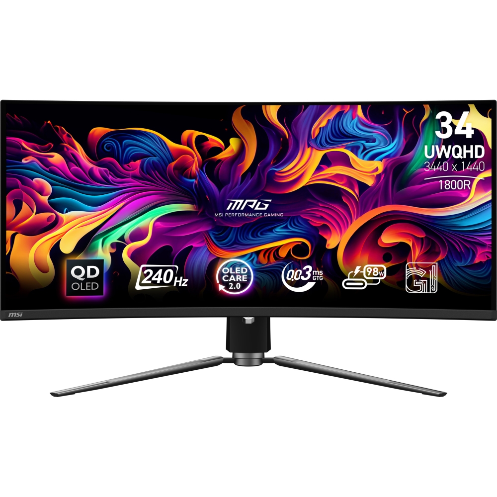 Монитор MSI MPG 341CQPX QD-OLED Gaming Monitor, 34", 0.03ms, 240Hz Curve 1800R, 3440x1440, G-SYNC, KVM, HDR True Black 400, Type-C(98W PD), DP(1.4a), 2xHDMI(2.1), USB Hub, Black -  9S6-3DD04T-035