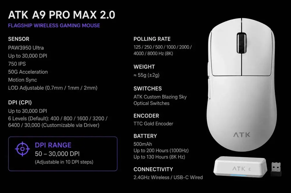 ATK професионална геймърска мишка Wireless Gaming Mouse A9 Pro Max 2.0 Tri-mode Nearlink - 8K, Black