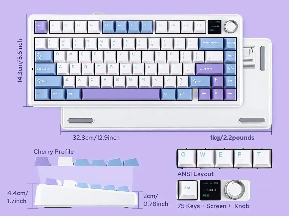 Aula геймърска механична клавиатура Wireless Gaming Mechanical Keyboard F75 MAX - Reaper Switch [Linear] (English US), White, Blue, Purple