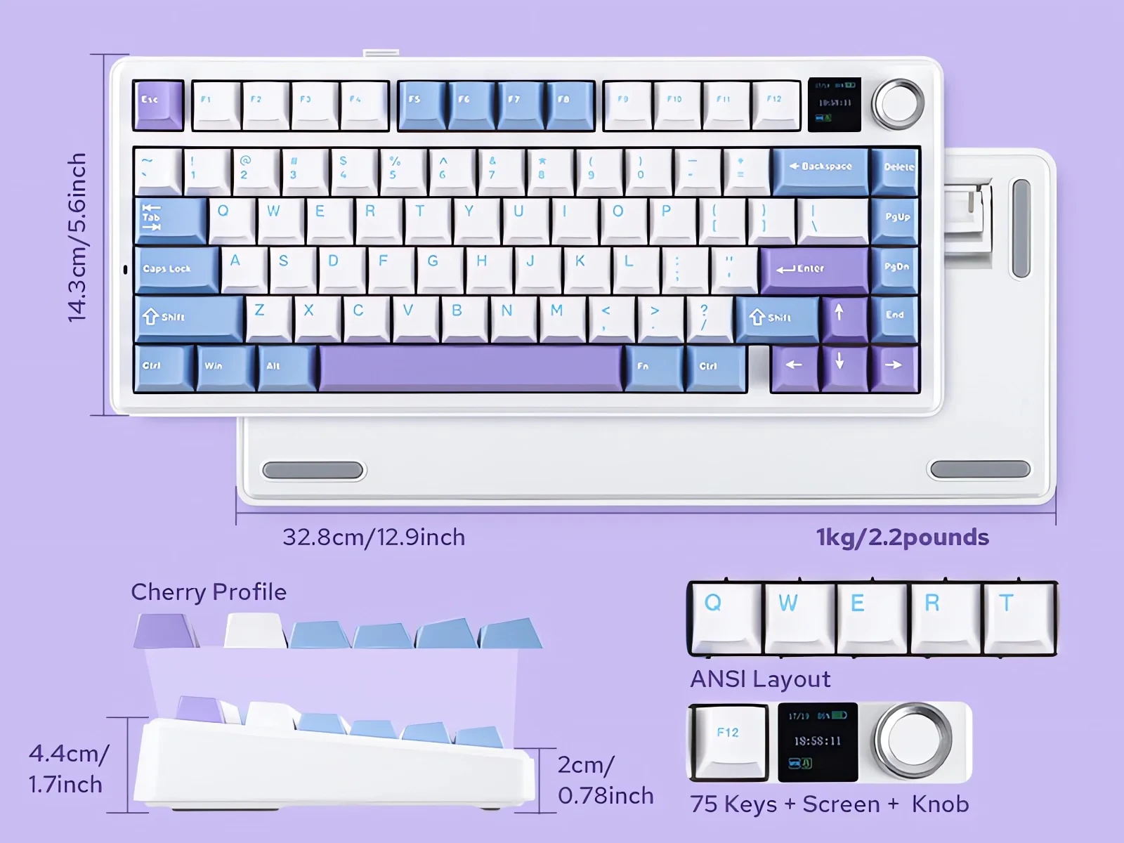 Aula геймърска механична клавиатура Wireless Gaming Mechanical Keyboard F75 MAX - Reaper Switch [Linear] (English US), White, Blue, Purple