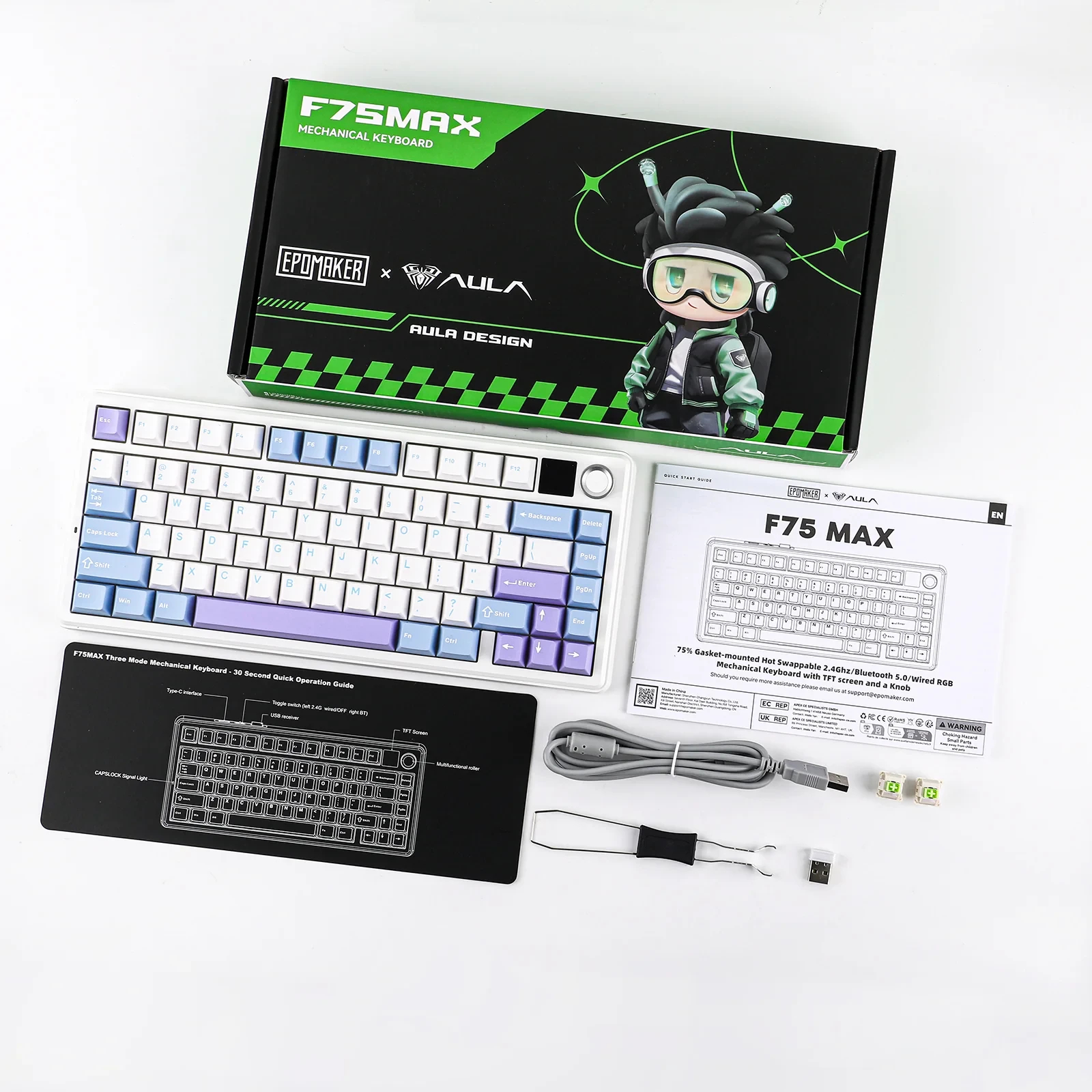 Aula геймърска механична клавиатура Wireless Gaming Mechanical Keyboard F75 MAX - Reaper Switch [Linear] (English US), White, Blue, Purple