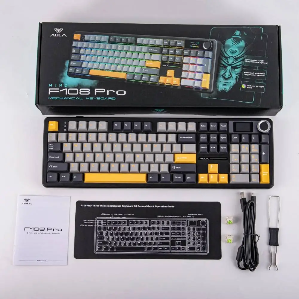 Aula геймърска механична клавиатура Wireless Gaming Mechanical Keyboard F108 PRO - Volcanic Switch [Linear] (English US), Black, Gray