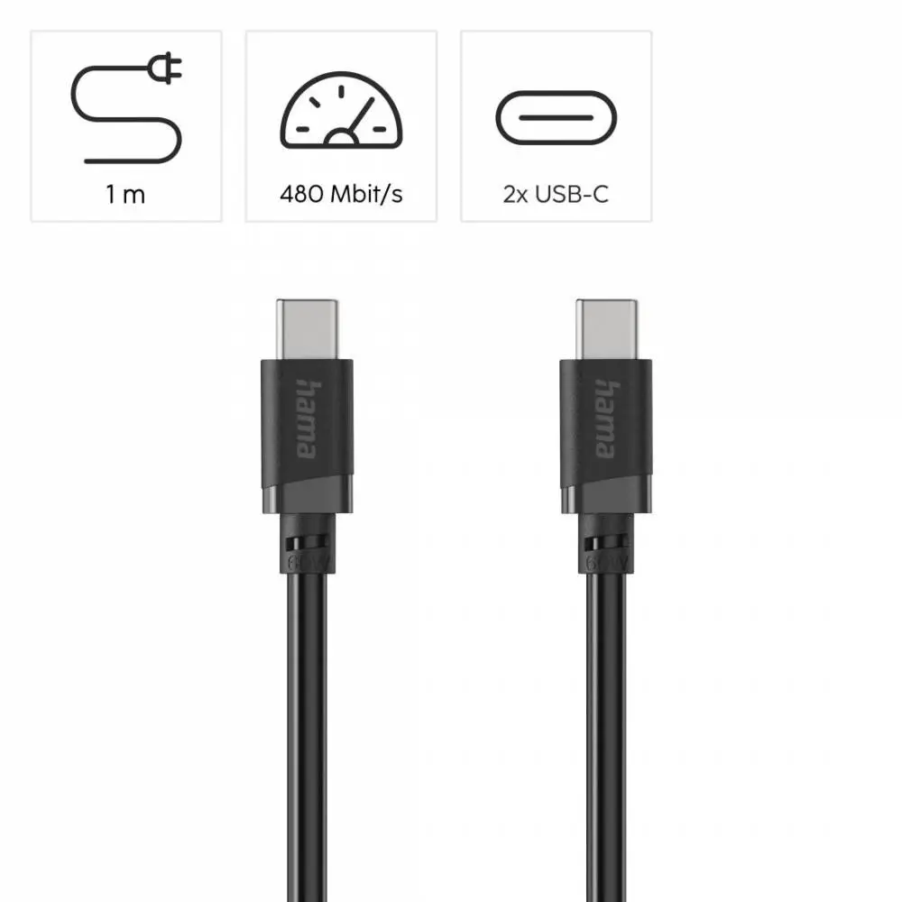 HAMA Кабел USB-C мъжко&ndash; USB-C мъжко, 60 W, 1 m, черен