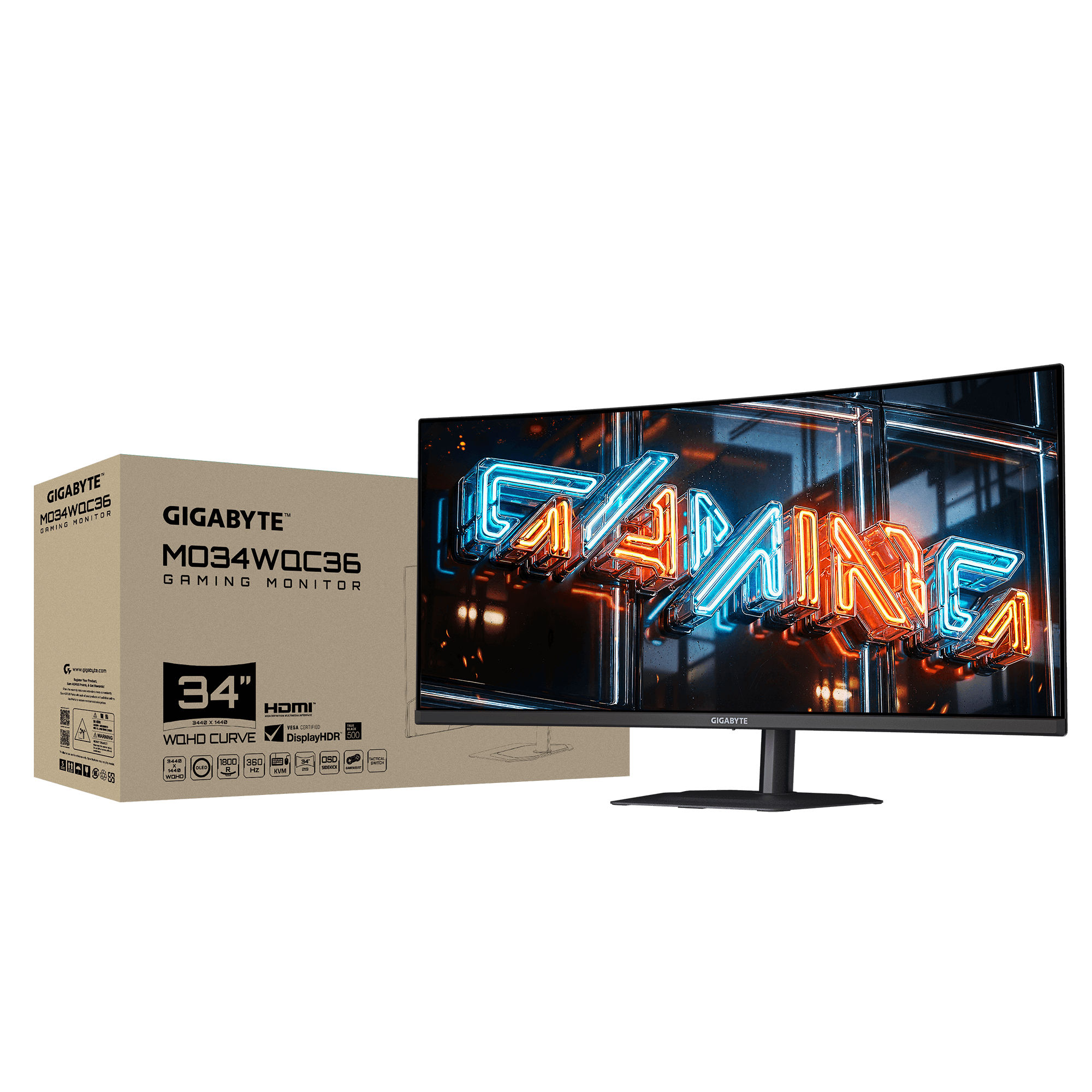 Гейминг монитор GIGABYTE MO34WQC36 - 31.5" QD-OLED Curve WQHD(3440x1440), 360Hz, 0.03ms, G-Sync, FreeSync Premium Pro