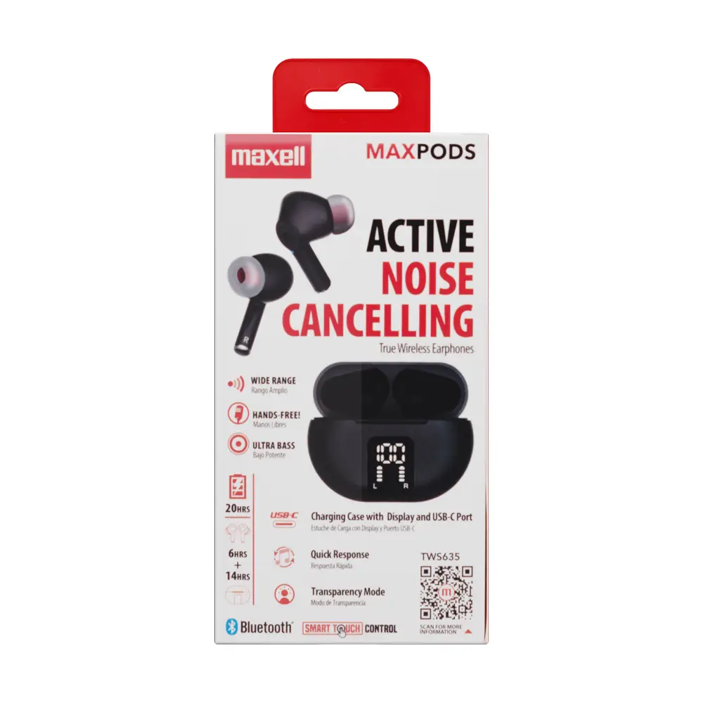 Блутут безжични слушалки тапи MAXPODS active noise cancelling black MAXELL Truewireless