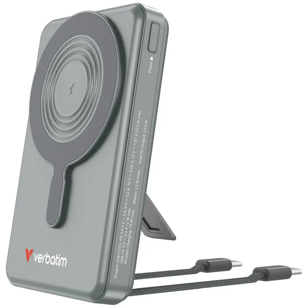 Външна батерия Verbatim Power Bank Magnetic Wireless 10.000 mAh C+C Display Grey