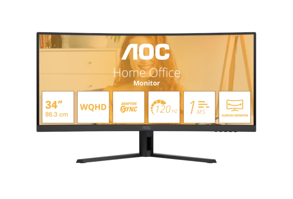 Монитор AOC CU34B3E, 34" Curved 1500R, VA, WLED, 3440x1440@120Hz, 4ms GtG, 1ms MPRT, 300cd m/2, 3500:1, 50M:1 DCR, Adaptive Sync, FlickerFree, Low Blue Mode, Tilt, HDMI, DP