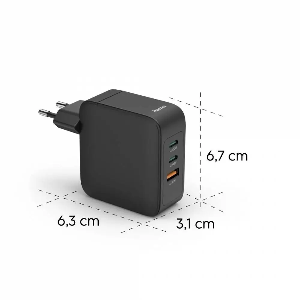 HAMA Бързо зарядно GaN, 2x USB-C, 1x USB-A, PD, 100 W, черно