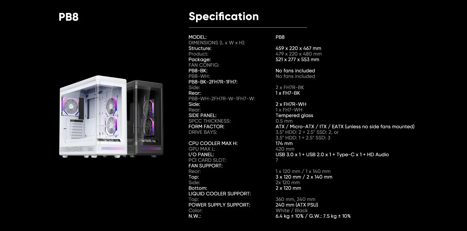 1stPlayer кутия Case ATX - PB8 Black - 3 x 120 mm A-RGB fans included, USB-C