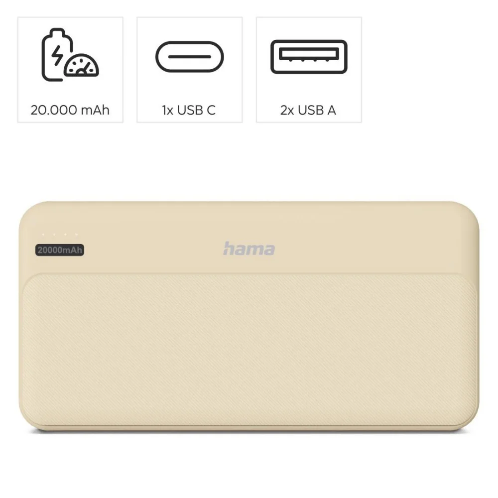 HAMA Външна батерия "Pocket 20", 20000 mAh, Изходи: 2x USB-A, бежов