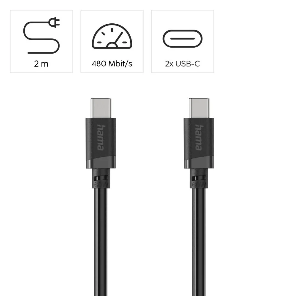 Cabl HAMA USB-C - USB-C, 60W, 2 m, negru