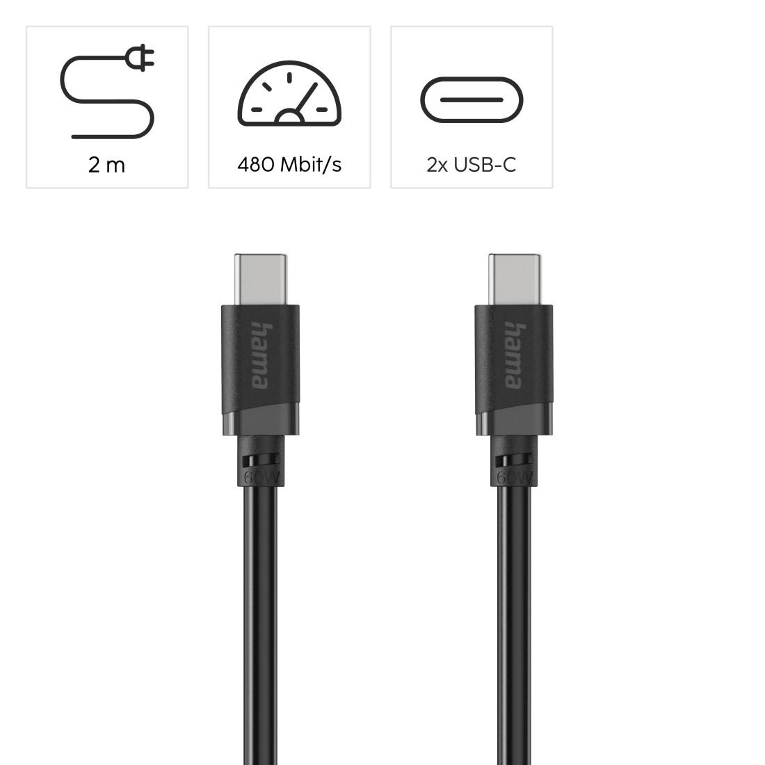 Cabl HAMA USB-C - USB-C, 60W, 2 m, negru