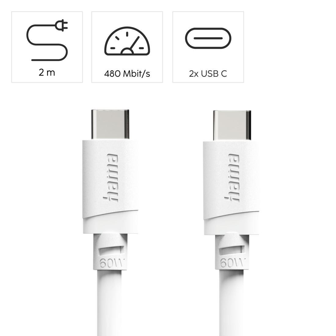 Cabl HAMA USB-C - USB-C, 60W, 2 m, alb