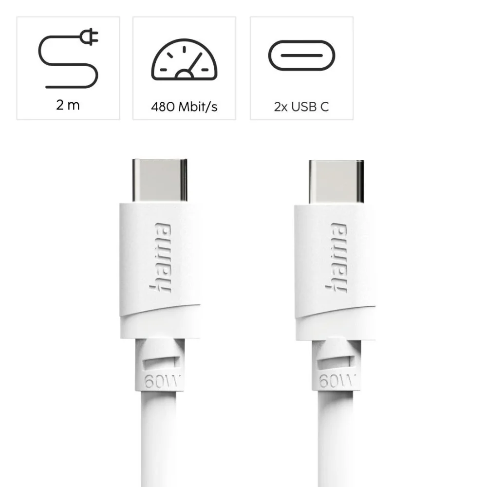 Cabl HAMA USB-C - USB-C, 60W, 2 m, alb