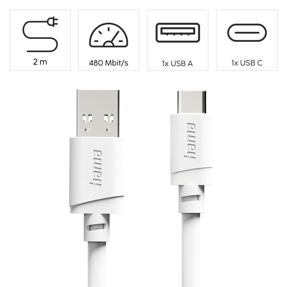 Cabl HAMA USB-A - USB-C, 2 m, alb