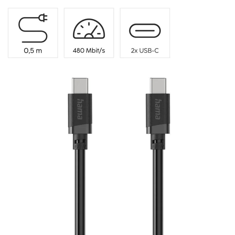 Cabl HAMA USB-C - USB-C, 60W, 0.5 m, negru