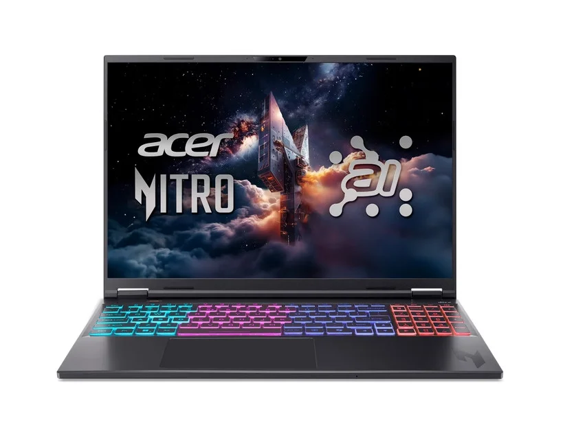 Лаптоп Acer Nitro 16S AI, AN16S-61-R28Q , AMD Ryzen AI 9 365 (up to 5.0Ghz, 24MB), 16" WQXGA (2560x1600) IPS 180Hz, 1*16GB DDR5 (1 slot free), 1024GB PCIe NVMe SSD, GeForce RTX 5070 8GB GDDR7, WiFi 6E, BT 5.3, No Os, Black
