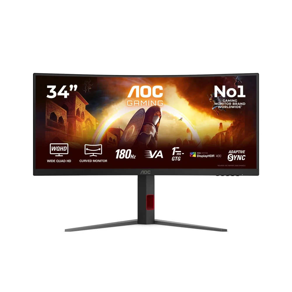 Монитор AOC CU34G4CA, 34" Curved 1500R, Fast VA, WLED, 3440x1440, 180Hz, 1ms GtG, 0.5ms MPRT, Adaptive Sync, 5Wx2, Tilt, Swivel, 2xHDMI, DP, USB hub