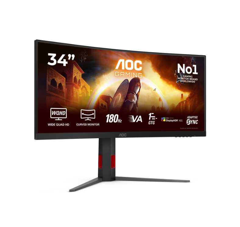 Монитор AOC CU34G4CA, 34" Curved 1500R, Fast VA, WLED, 3440x1440, 180Hz, 1ms GtG, 0.5ms MPRT, Adaptive Sync, 5Wx2, Tilt, Swivel, 2xHDMI, DP, USB hub