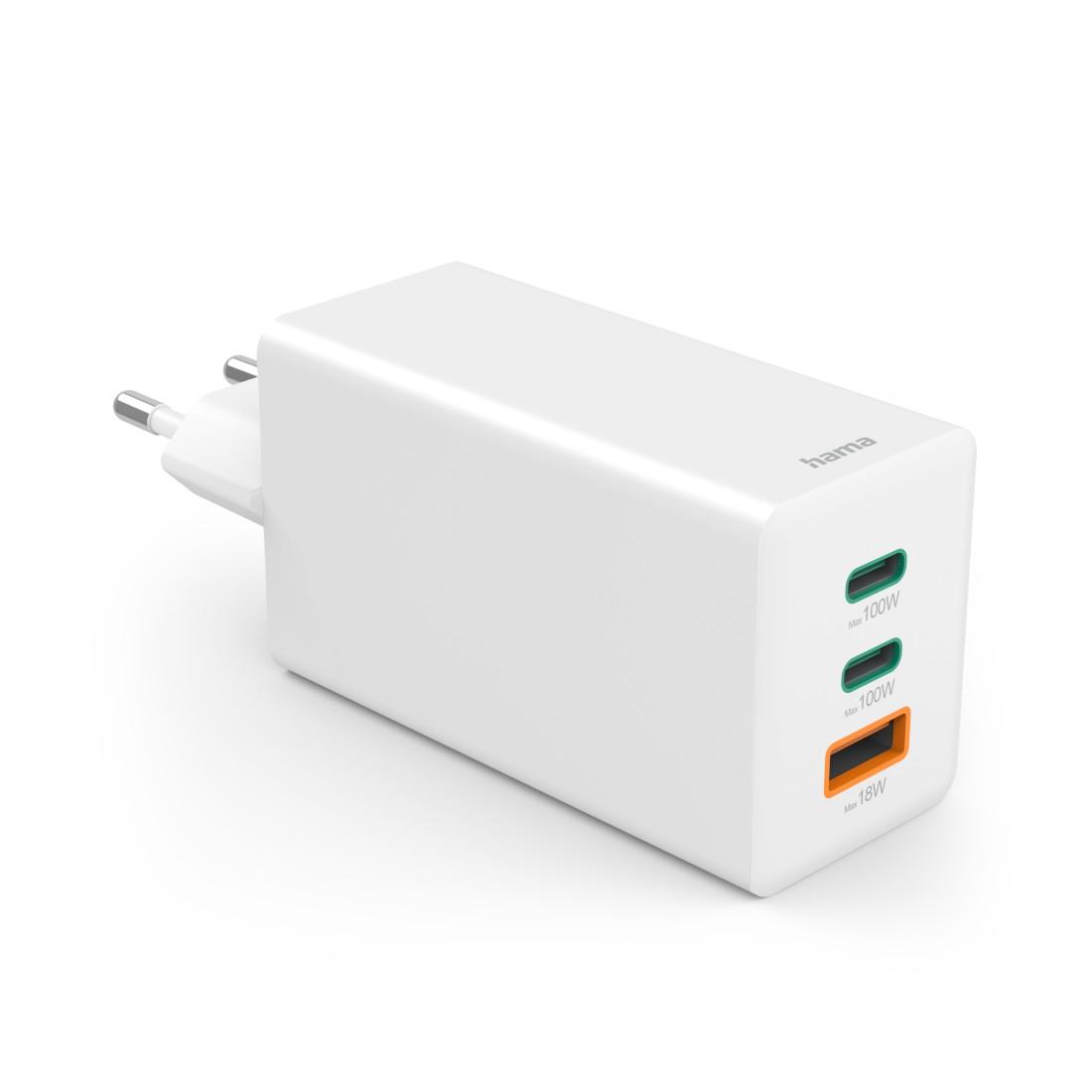 HAMA Комплект Бързо зарядно и кабел за зареждане, 100 W GaN, 2x USB-C PD, 1x USB-A QC