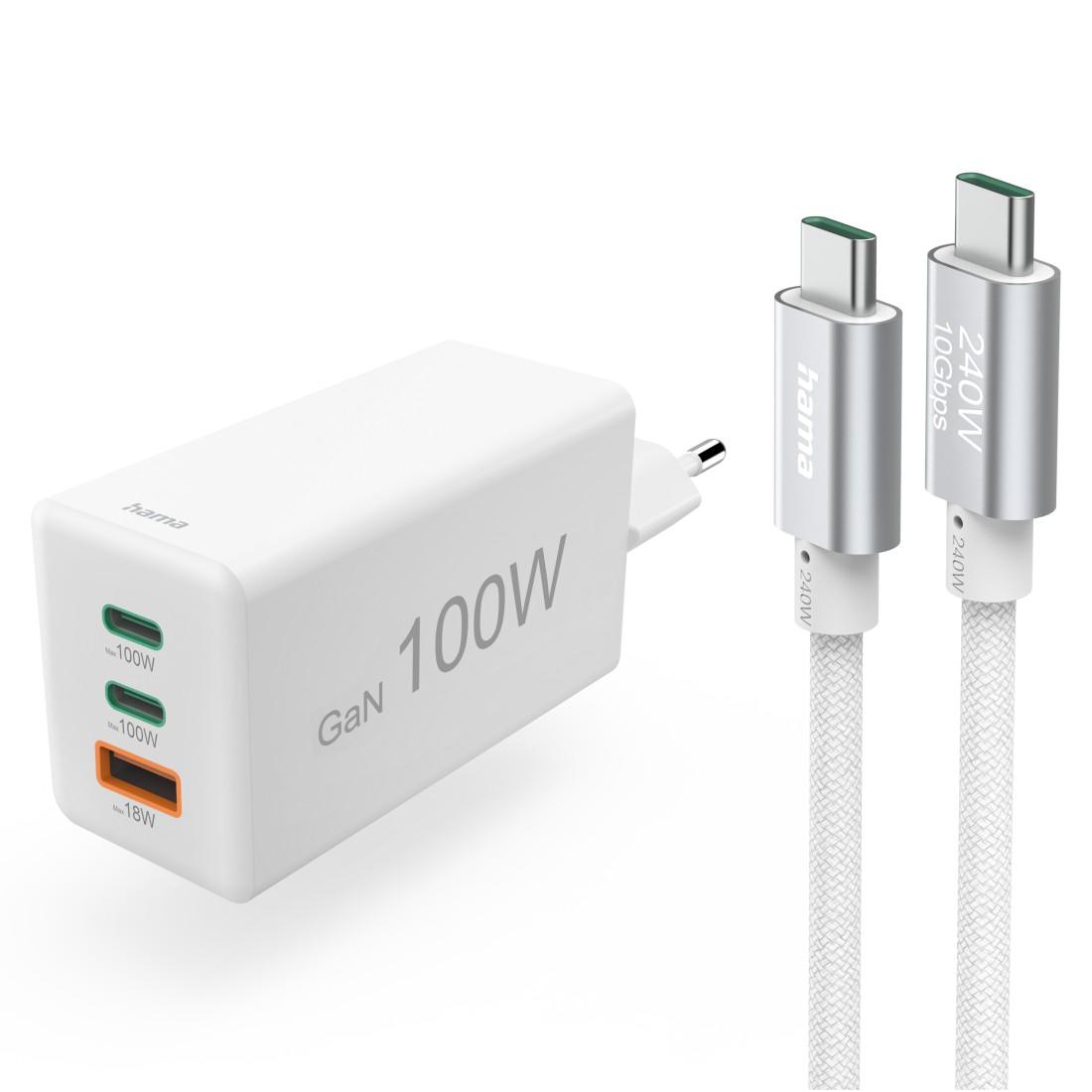 HAMA Комплект Бързо зарядно и кабел за зареждане, 100 W GaN, 2x USB-C PD, 1x USB-A QC