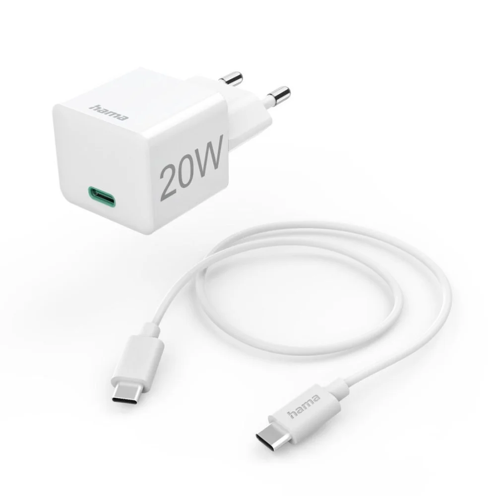 HAMA Комплект бързо мини зарядно с USB-C кабел за зареждане, PD, 20W, 1 м, бяло