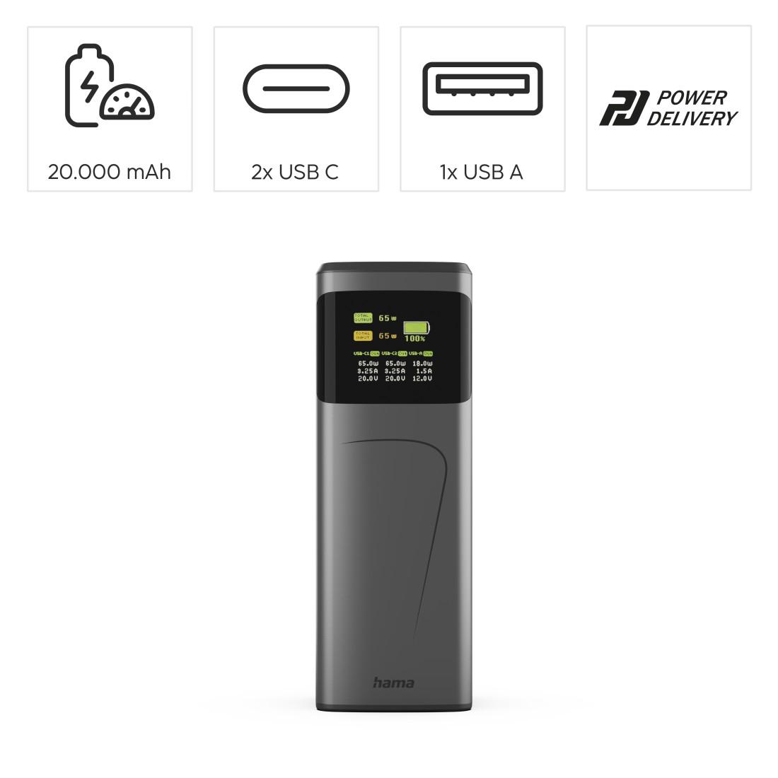 HAMA Външна батерия “High Power”, 65 W, 20000 mAh, 2x USB-C, USB-A, Fast Charging