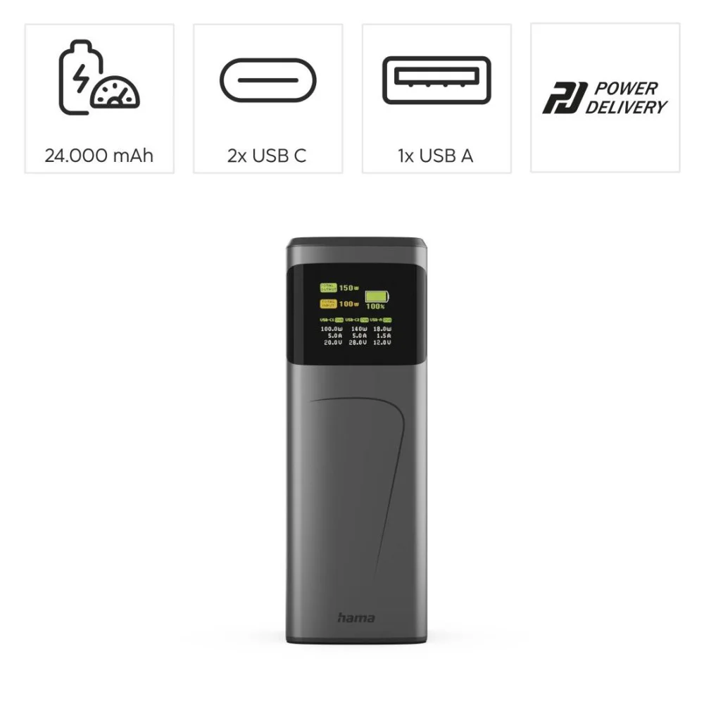 HAMA Външна батерия “High Power”, 150 W, 24000 mAh, 2x USB-C, USB-A, бързо зареждане