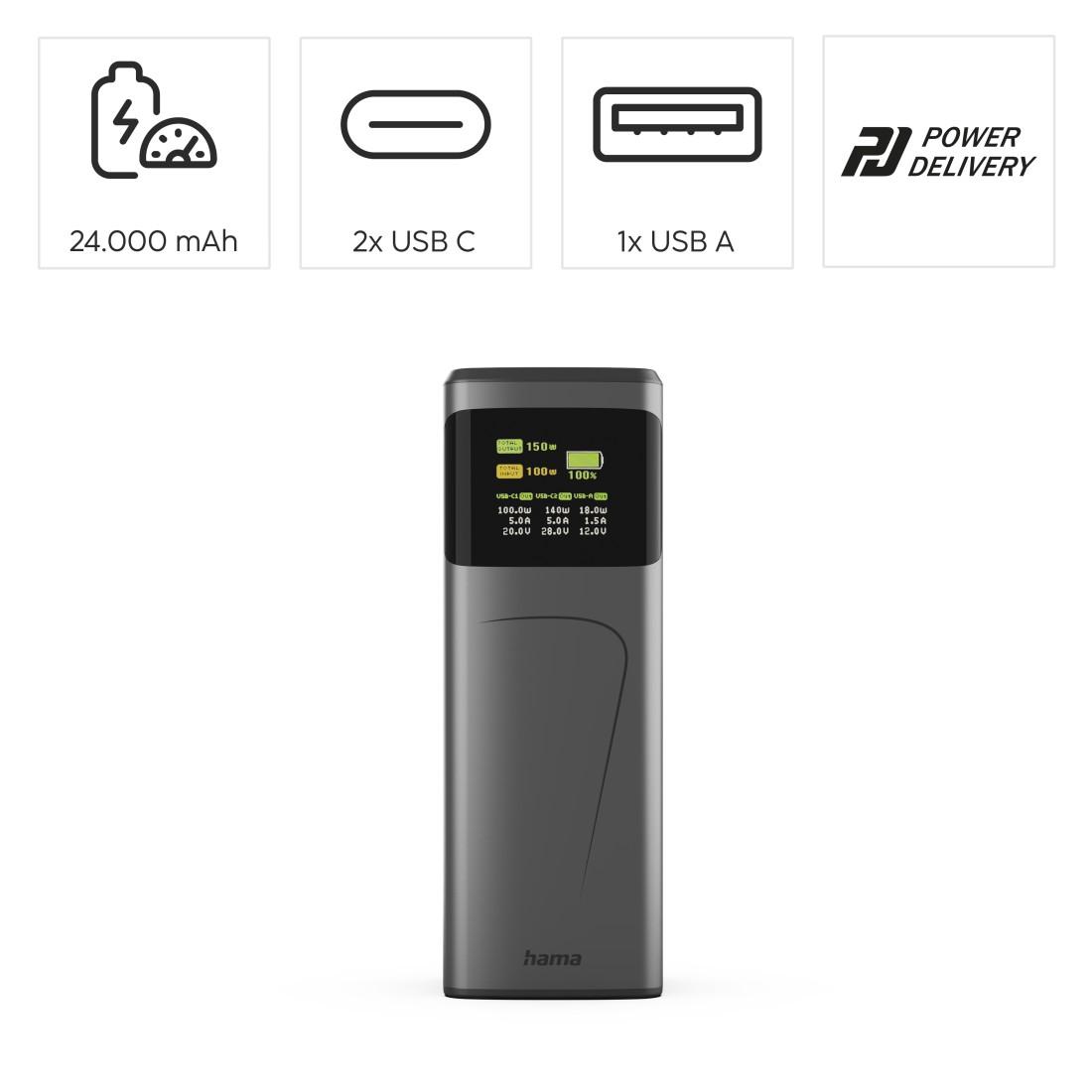 HAMA Външна батерия “High Power”, 150 W, 24000 mAh, 2x USB-C, USB-A, бързо зареждане