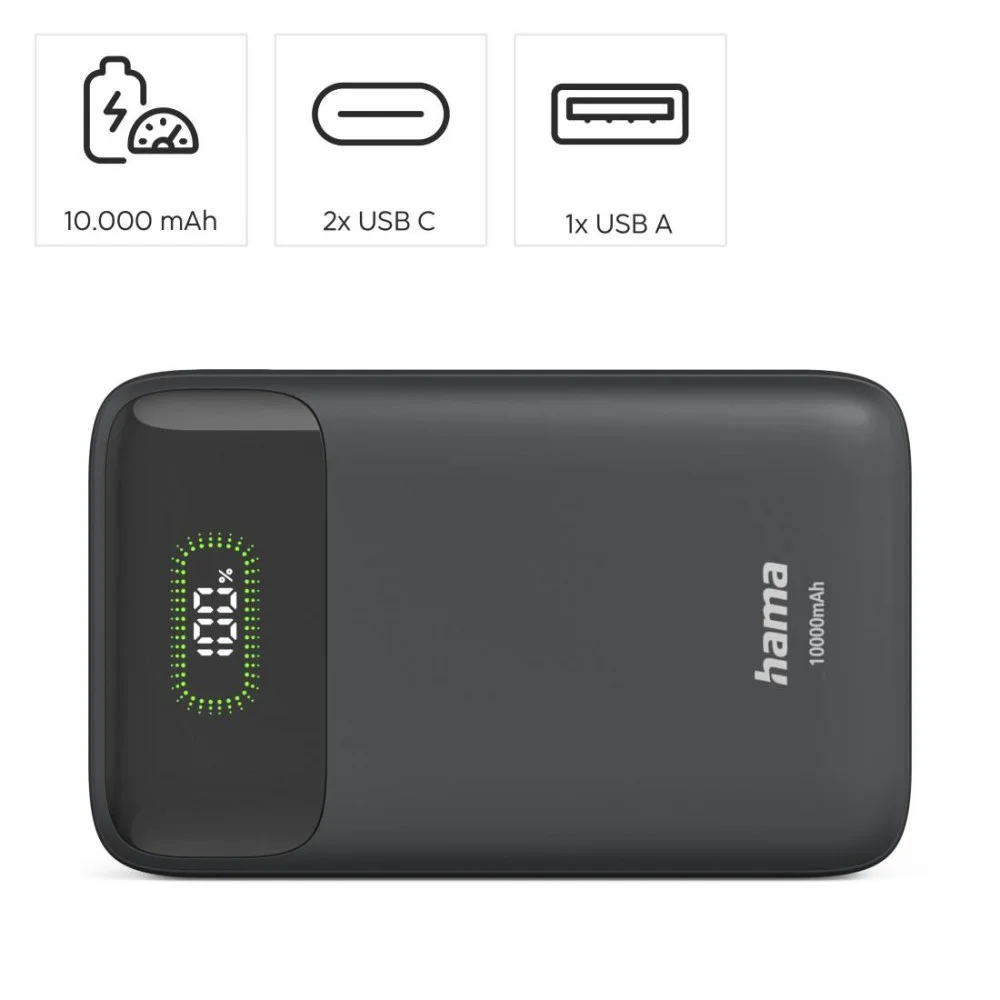HAMA Външна батерия "PD10-W20", 10000 mAh, 3 изхода: 2 x USB-C, USB-A, Бързо зареждане