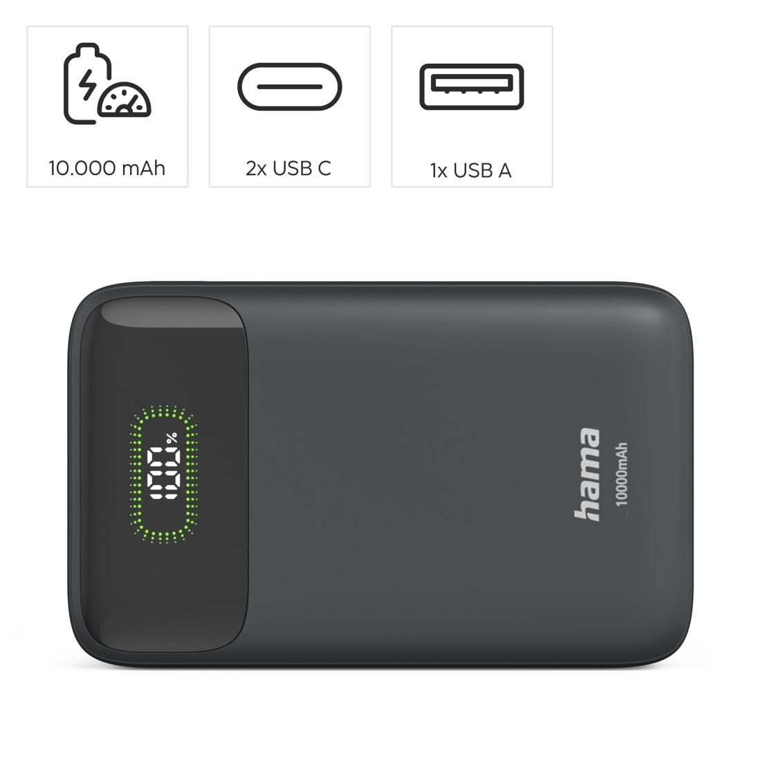 HAMA Външна батерия "PD10-W20", 10000 mAh, 3 изхода: 2 x USB-C, USB-A, Бързо зареждане