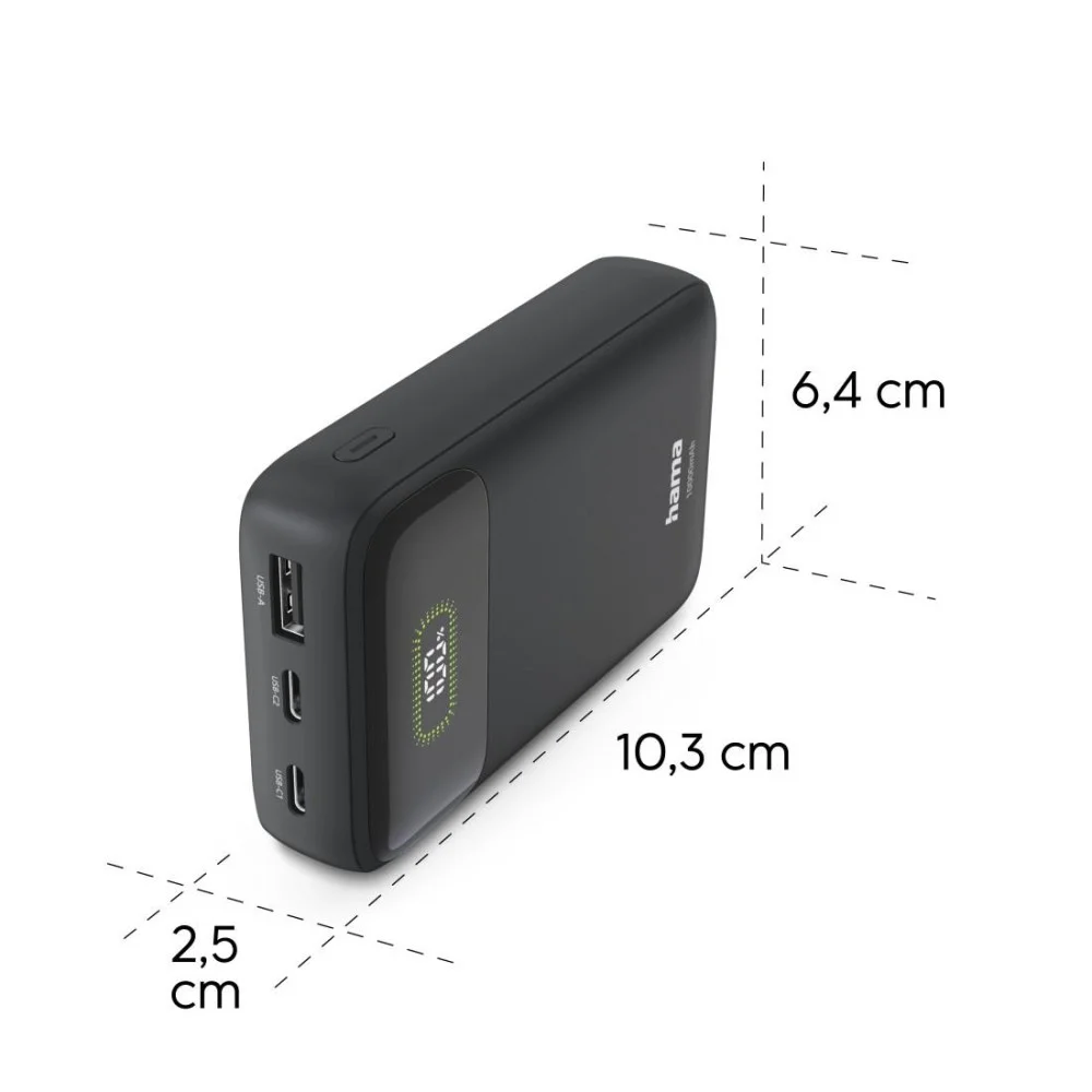 HAMA Външна батерия "PD10-W20", 10000 mAh, 3 изхода: 2 x USB-C, USB-A, Бързо зареждане