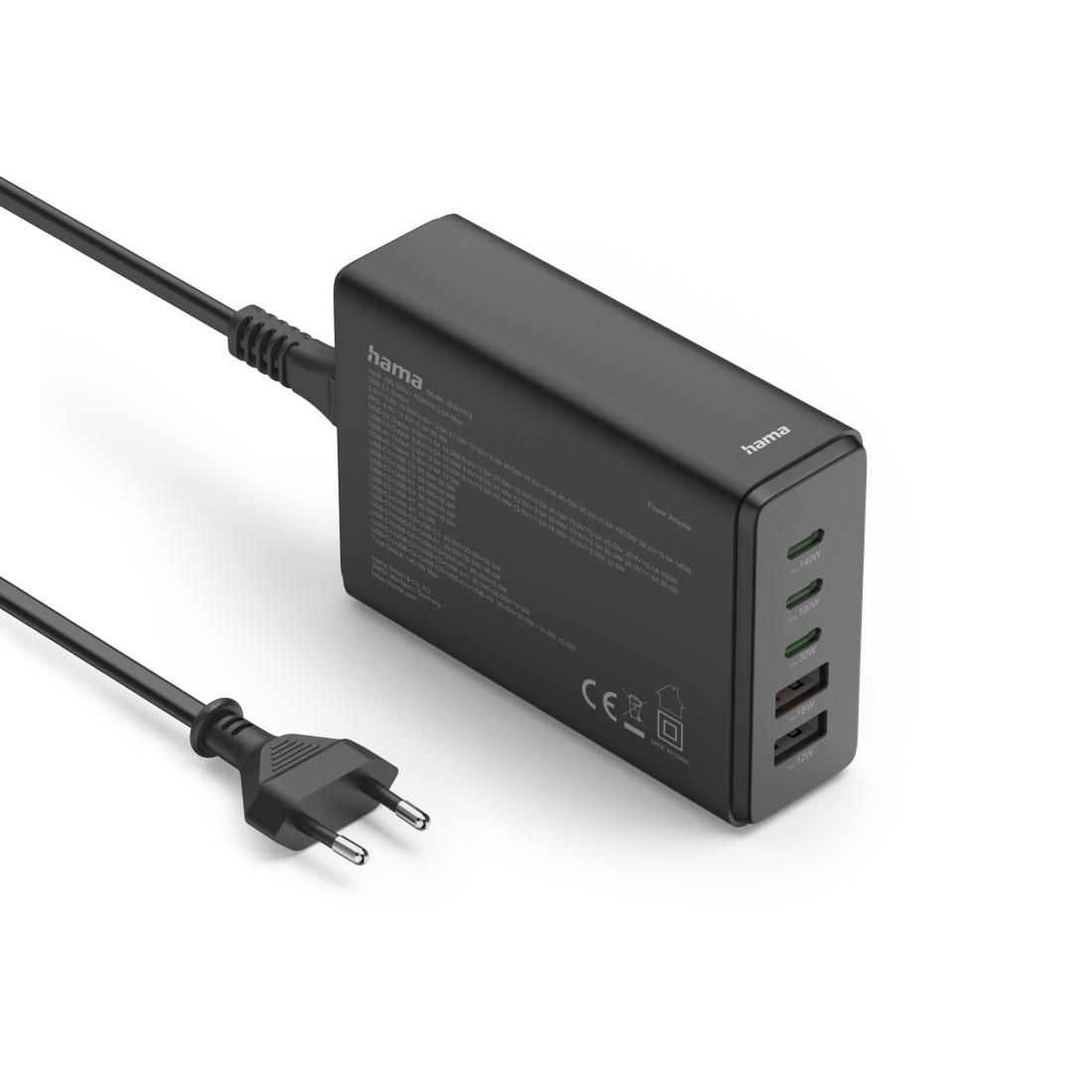 HAMA Зарядна станция 140 W, GaN, Fast Charger, 3 x USB-C, 2 x USB-A, PD