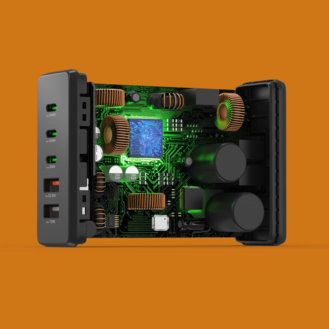 HAMA Зарядна станция 140 W, GaN, Fast Charger, 3 x USB-C, 2 x USB-A, PD