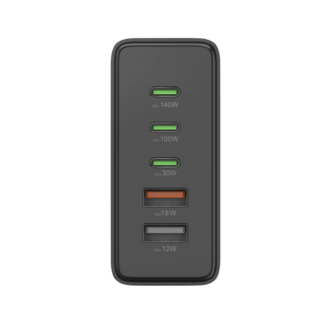 HAMA Зарядна станция 140 W, GaN, Fast Charger, 3 x USB-C, 2 x USB-A, PD