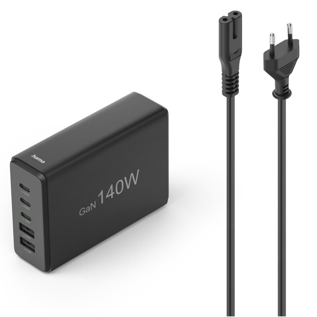 HAMA Зарядна станция 140 W, GaN, Fast Charger, 3 x USB-C, 2 x USB-A, PD