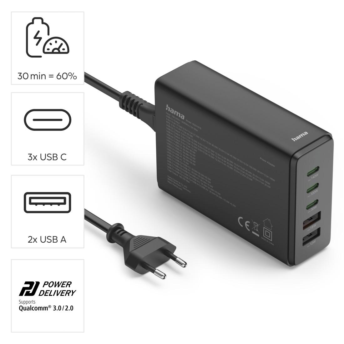 HAMA Зарядна станция 140 W, GaN, Fast Charger, 3 x USB-C, 2 x USB-A, PD