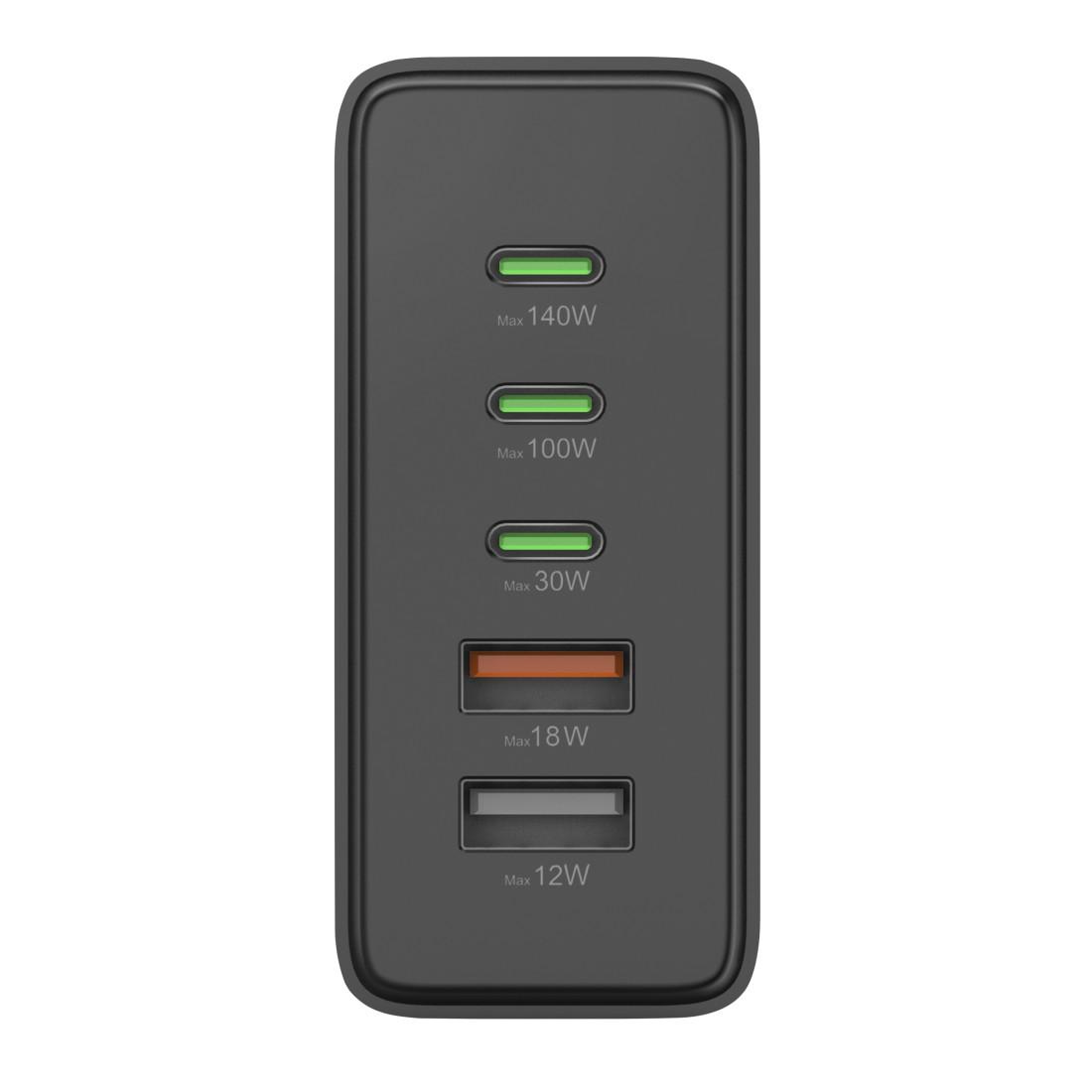 HAMA Зарядна станция 140 W, GaN, Fast Charger, 3 x USB-C, 2 x USB-A, PD