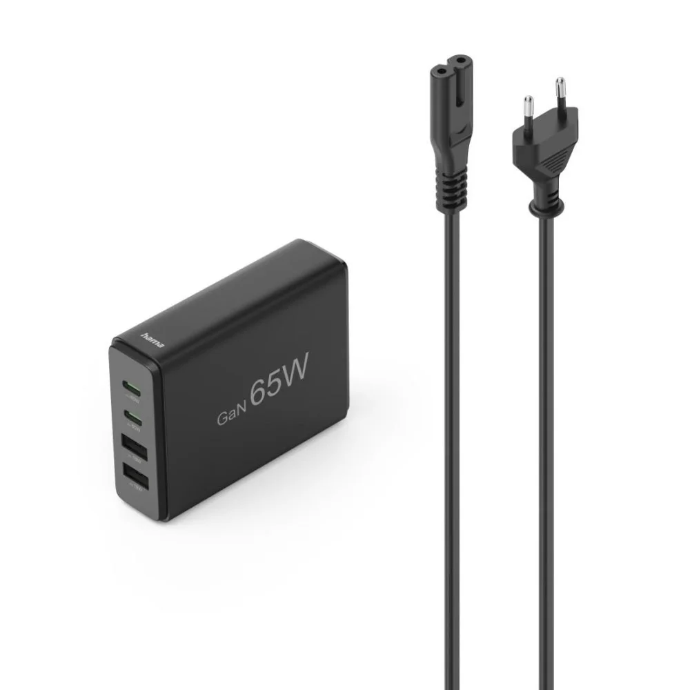 HAMA Зарядна станция 65 W, GaN, Fast Charger, 2 x USB-C, 2 x USB-A, PD