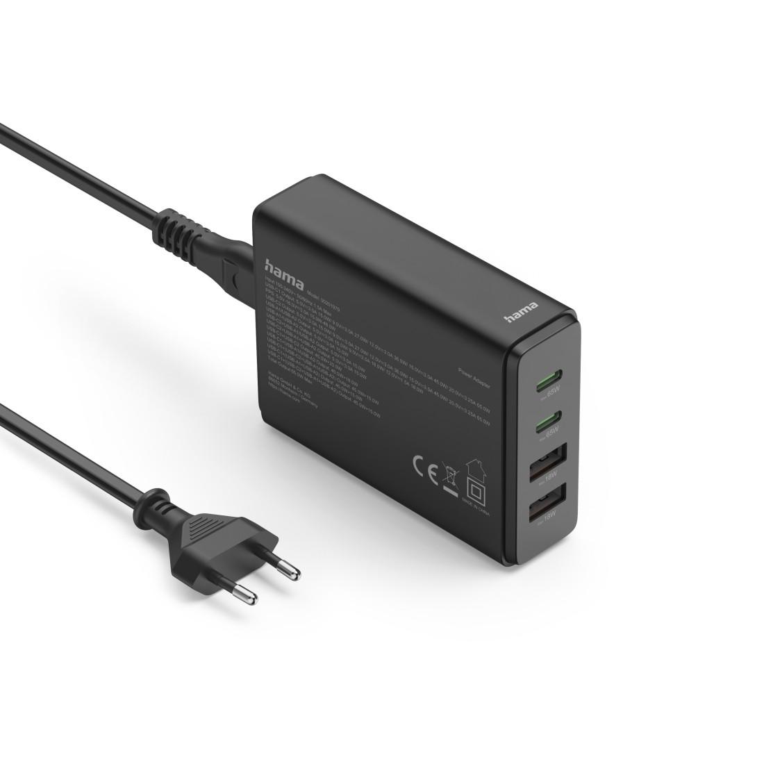 HAMA Зарядна станция 65 W, GaN, Fast Charger, 2 x USB-C, 2 x USB-A, PD