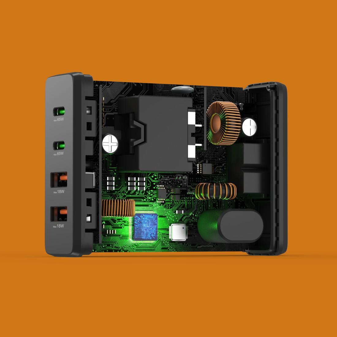 HAMA Зарядна станция 65 W, GaN, Fast Charger, 2 x USB-C, 2 x USB-A, PD