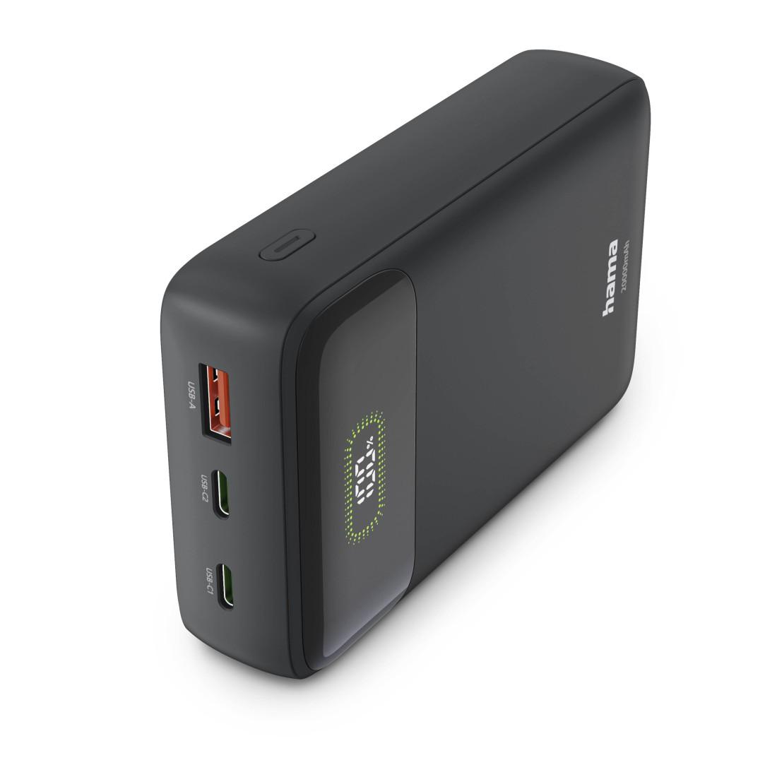 HAMA Външна батерия "PD20-W20", 20000 mAh, 3 изхода: 2 x USB-C, USB-A, Бързо зареждане
