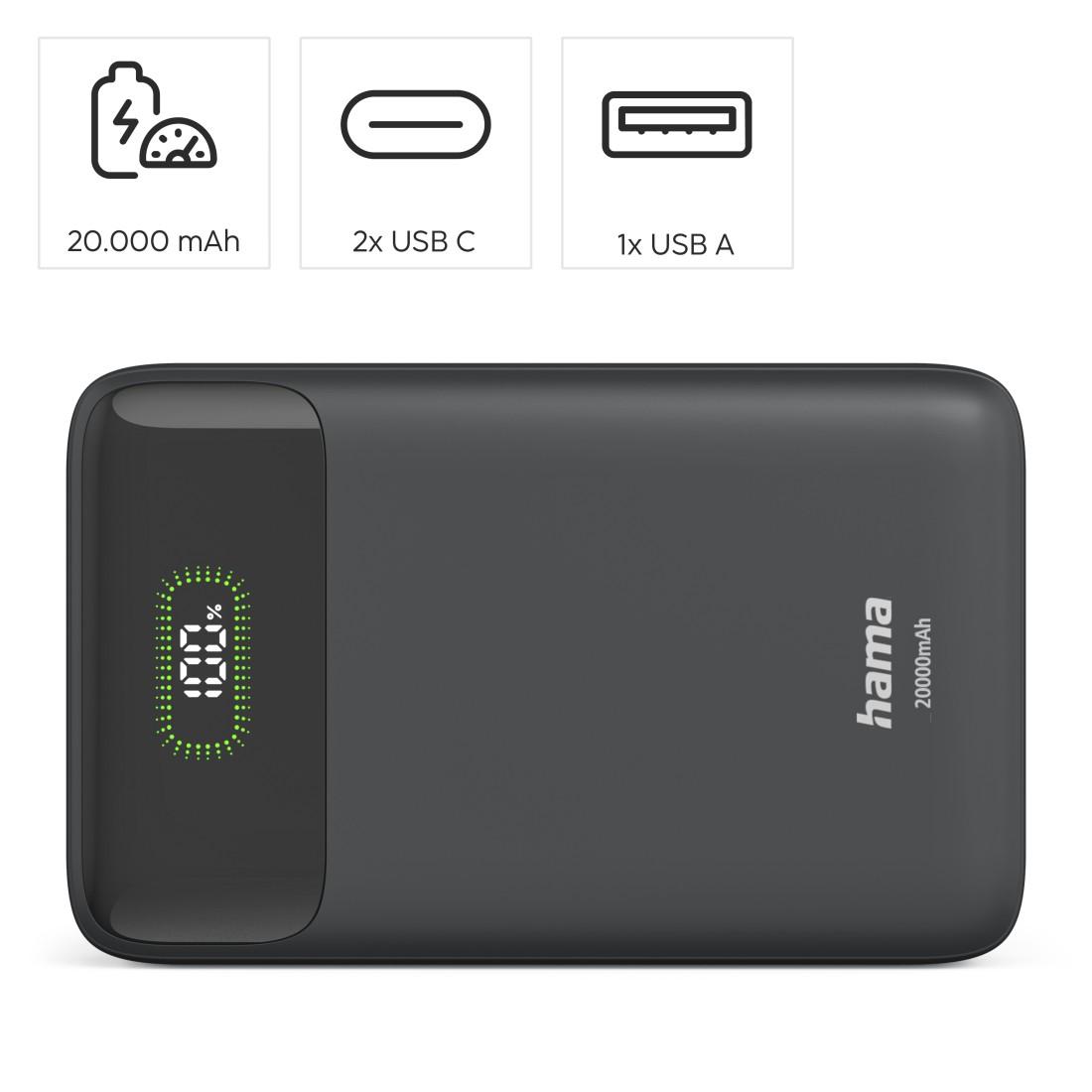 HAMA Външна батерия "PD20-W20", 20000 mAh, 3 изхода: 2 x USB-C, USB-A, Бързо зареждане