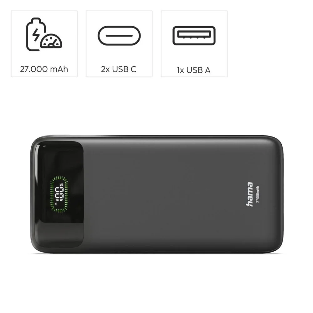HAMA Външна батерия "PD27-W65", 27000 mAh, Изходи: 2xUSB-C, USB-A, Бързо зареждане