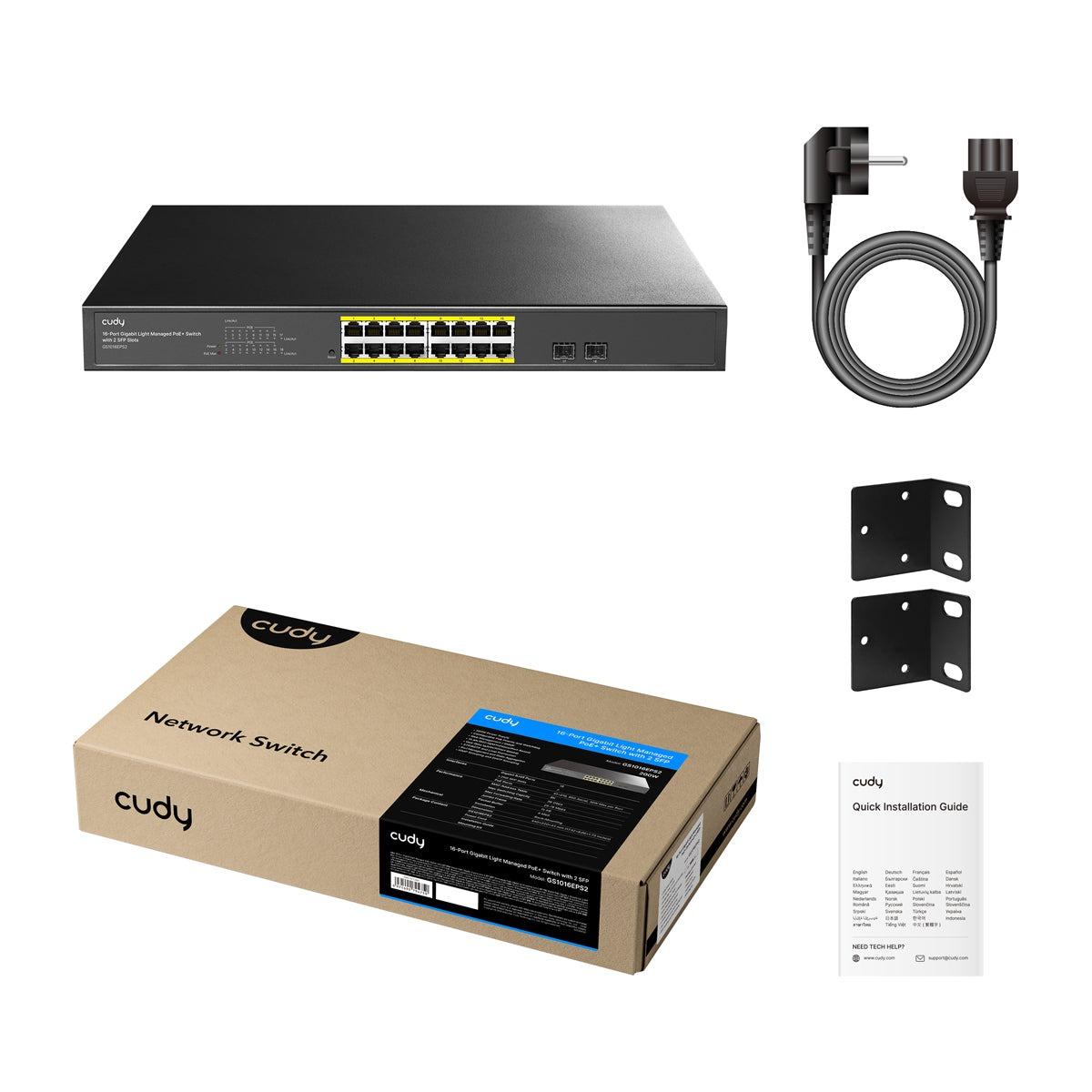 Суич Cudy GS1016Е, 16x порта управляем Gigabit PoE+, 2x Gigabit SFP слота