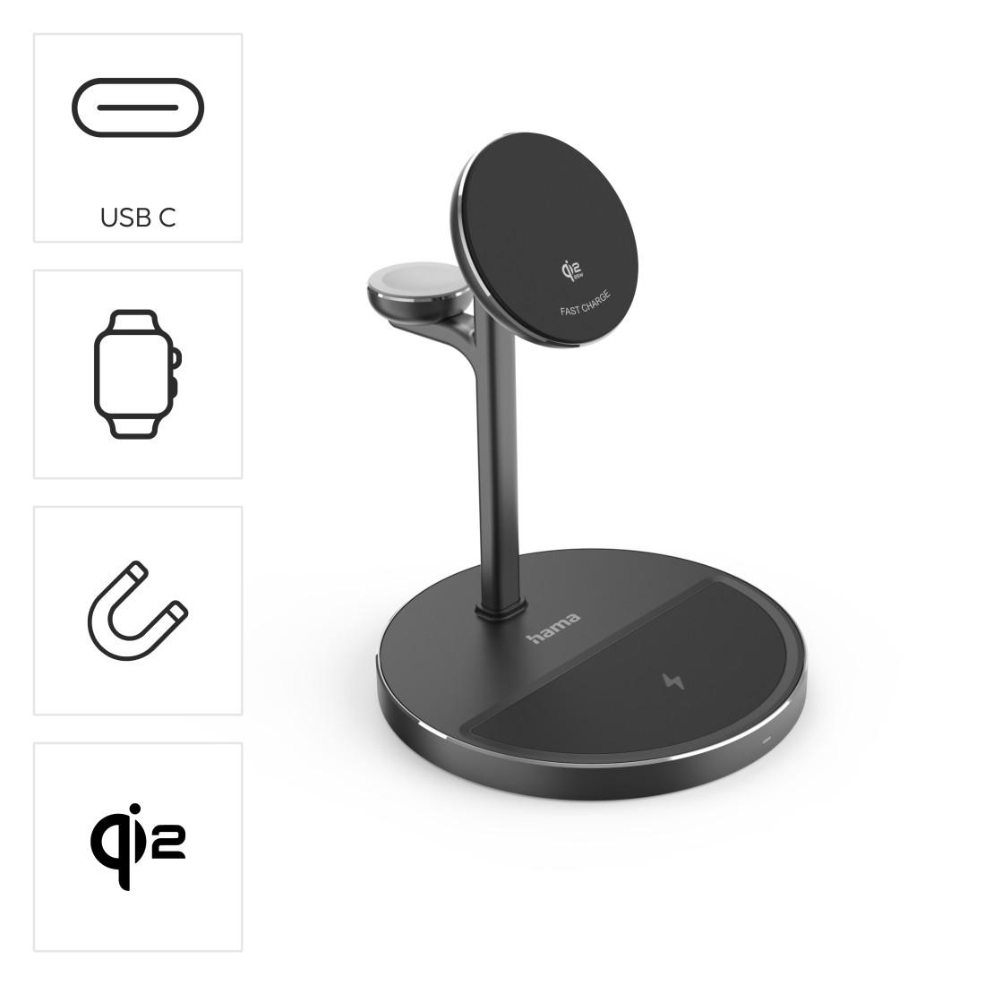 HAMA Drahtlose Ladestation 3 in 1, Qi2, 15 W, induktives Schnellladen