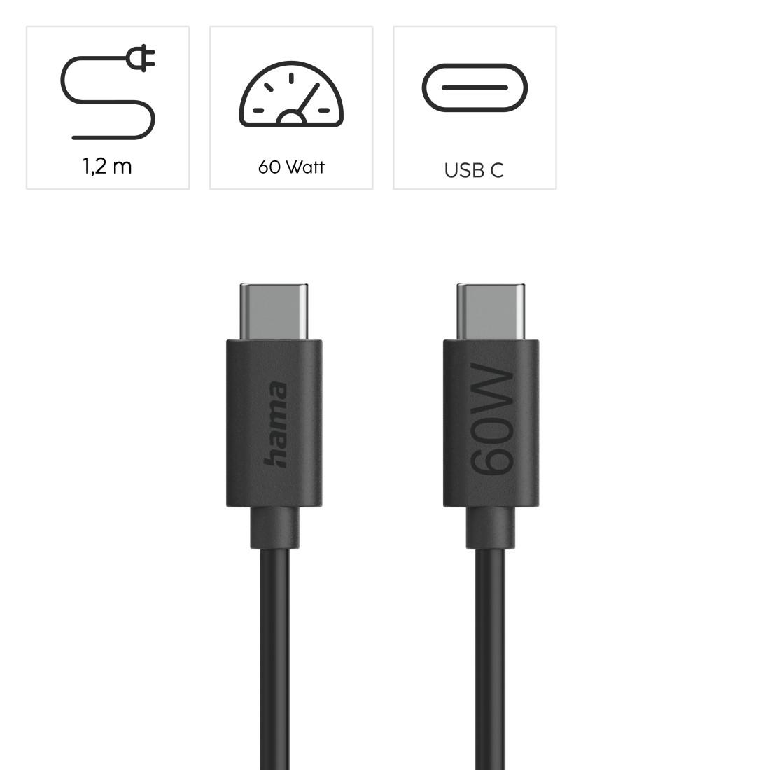 HAMA Кабел за зареждане USB-C - USB-C, 60 W, 1.2 м, черен