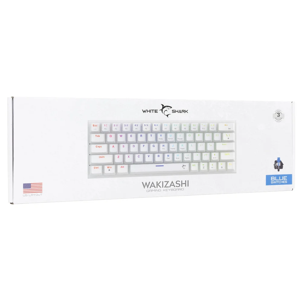 White Shark Gaming Mechanical Keyboard WAKIZASHI 2 - Blue Switches (English US), White Gamer Mouse